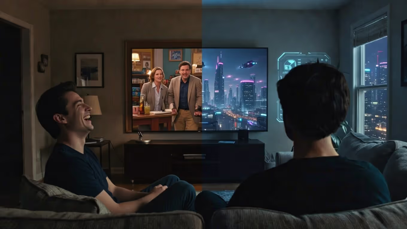 Человек смотрит комедию и научную фантастику на телевизоре