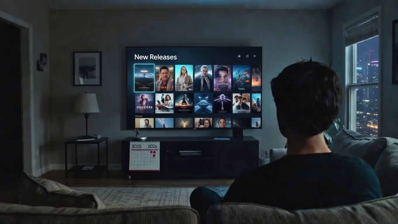 Календарь с отмеченными датами 2025 и 2026 годов лежит рядом с телевизором, на котором открыт раздел «New Releases»; современный интерьер