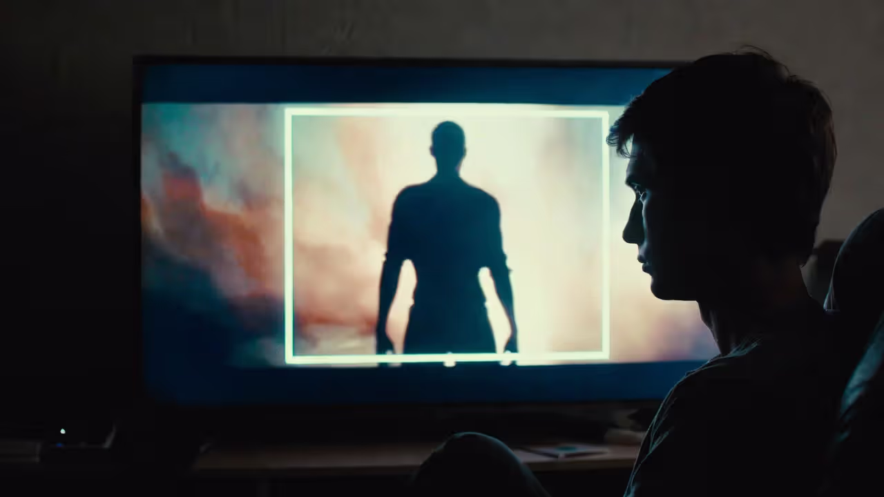 Зритель смотрит напряжённую драму или триллер на телевизоре