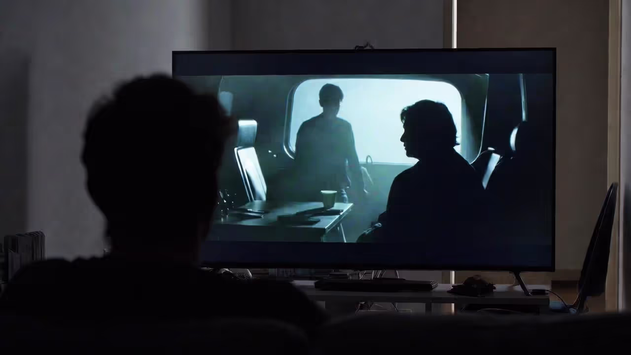 Зритель смотрит криминальную драму на телевизоре дома