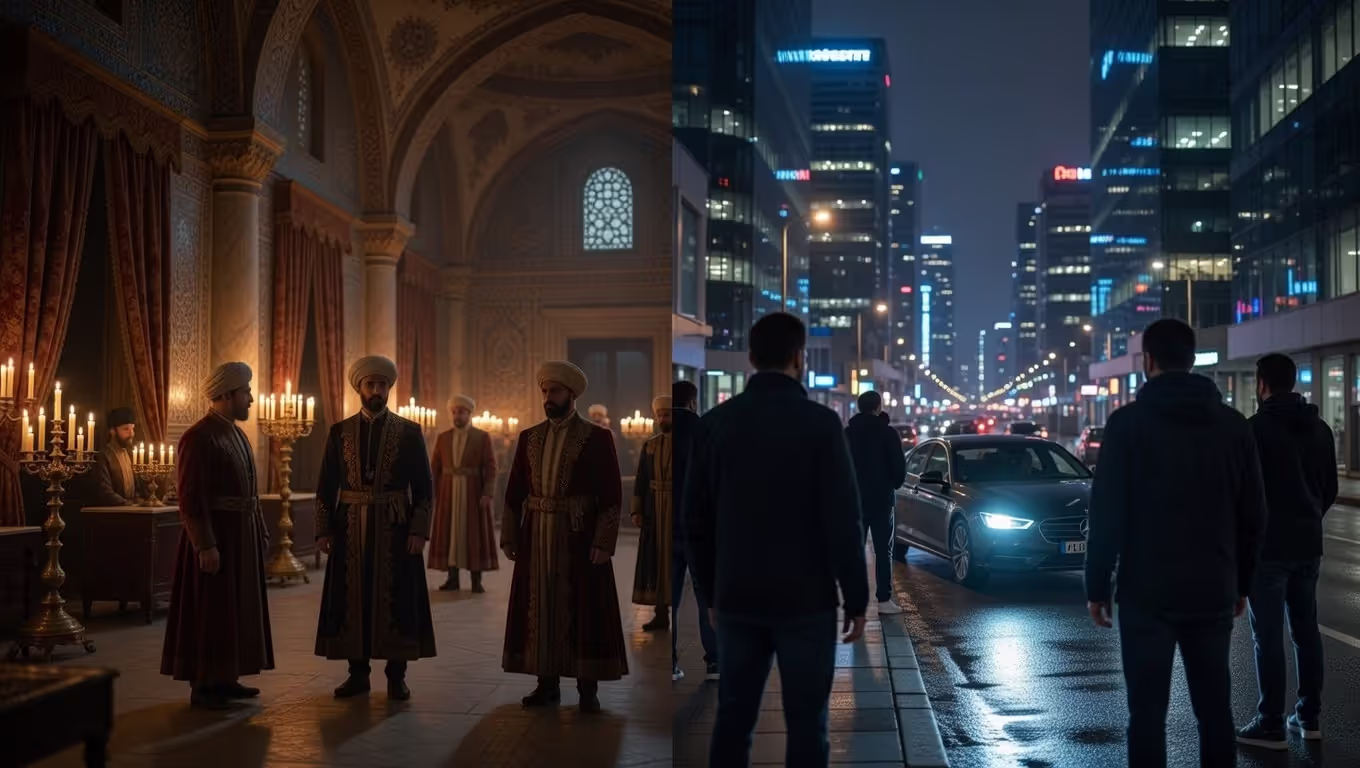 Исторический дворцовый эпизод и современная криминальная сцена из турецких сериалов