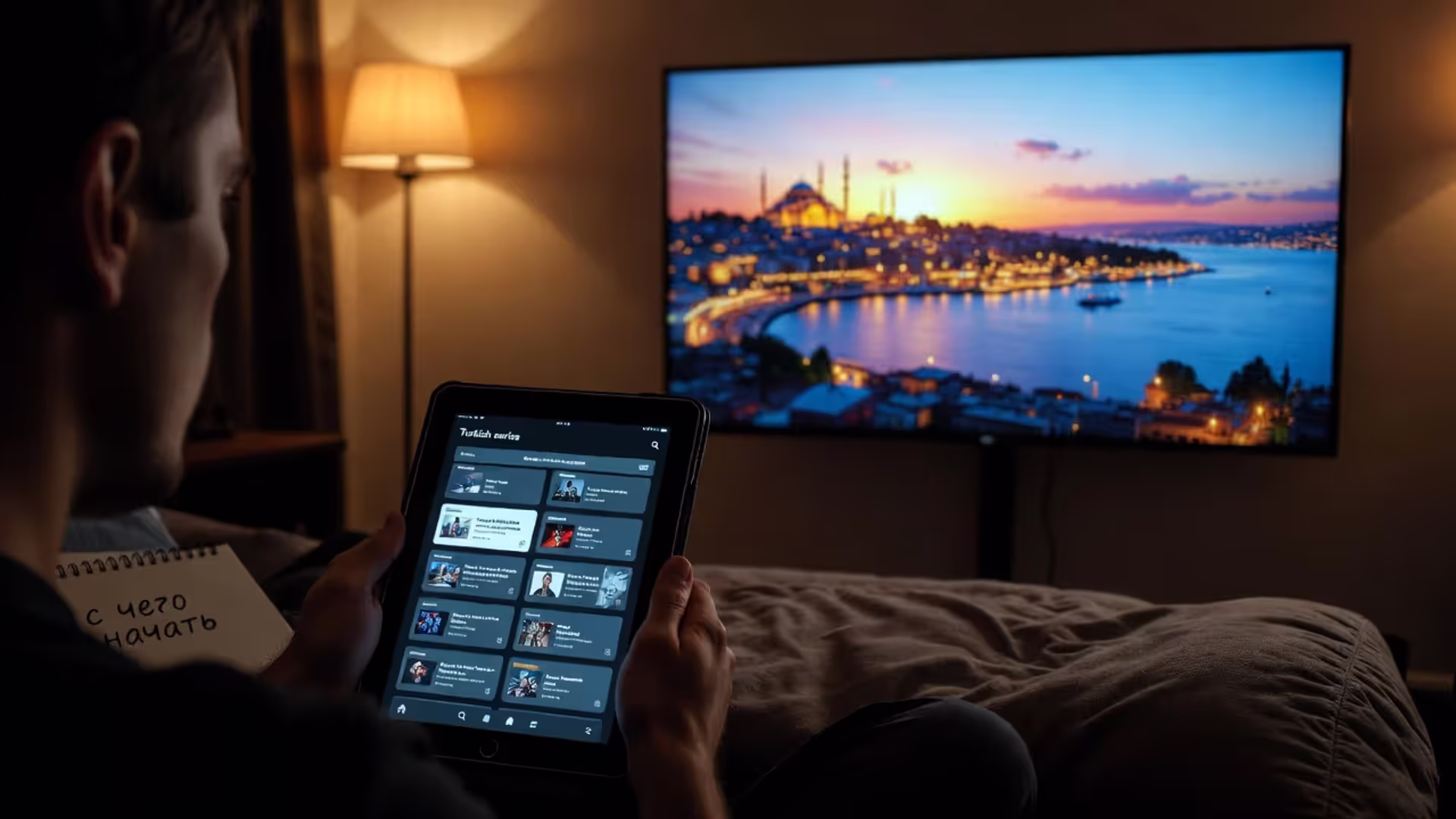 Человек выбирает турецкий сериал на стриминге и делает пометки, с чего начать