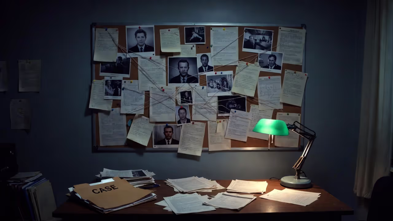 Доска расследования и материалы дела в детективном кабинете