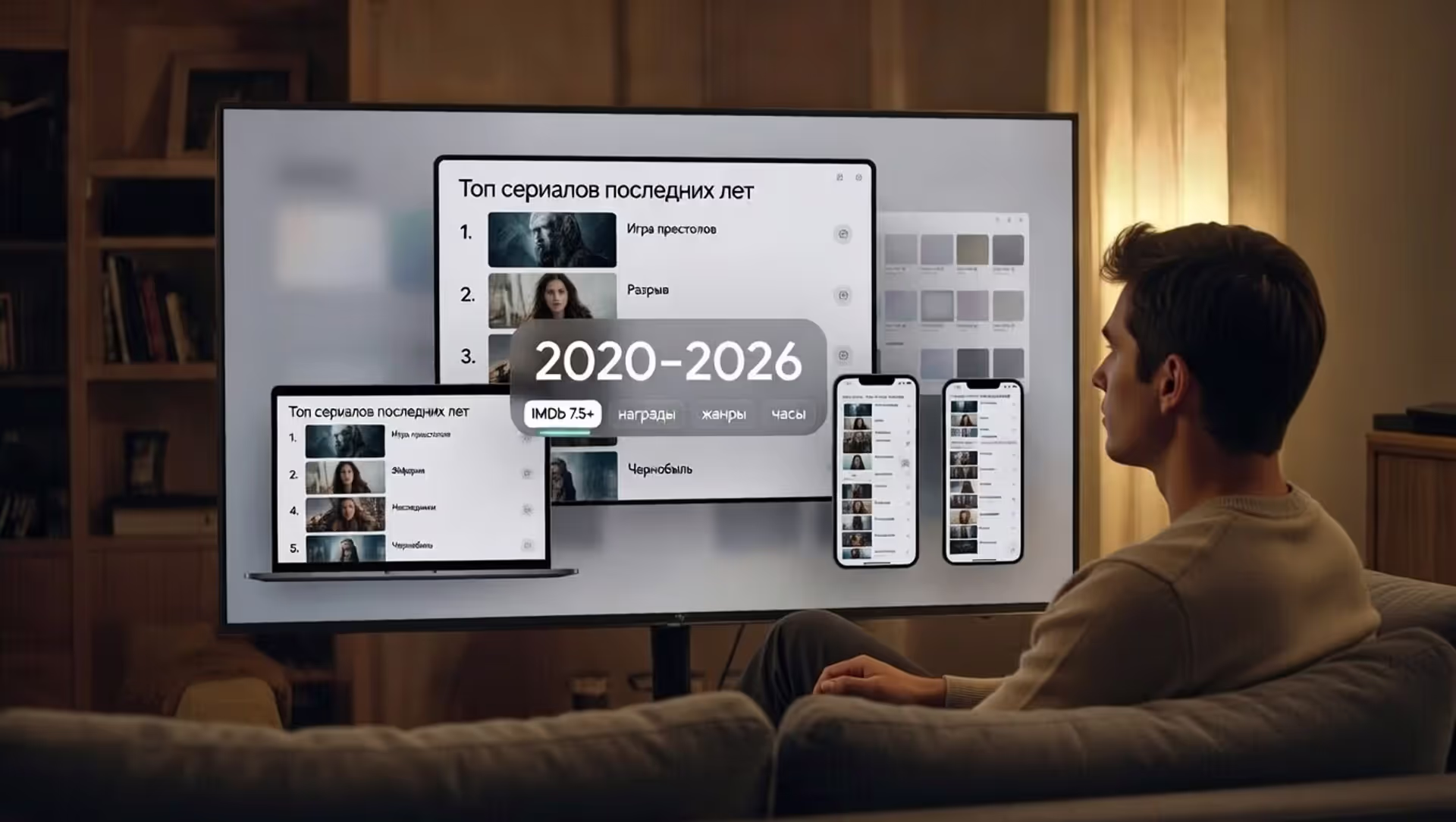 Коллаж стриминговых экранов с фильтрами выбора сериалов за 2020–2026 годы