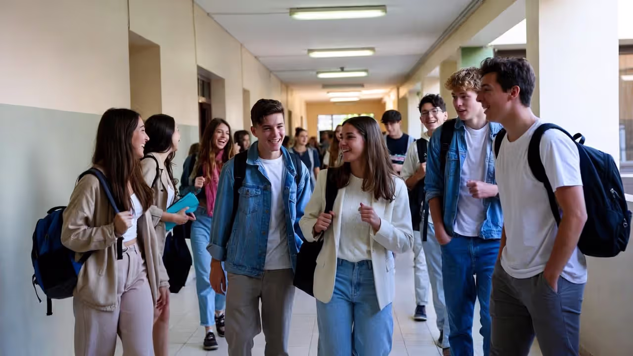 Подростки в школьном коридоре в лёгком комедийном сериале